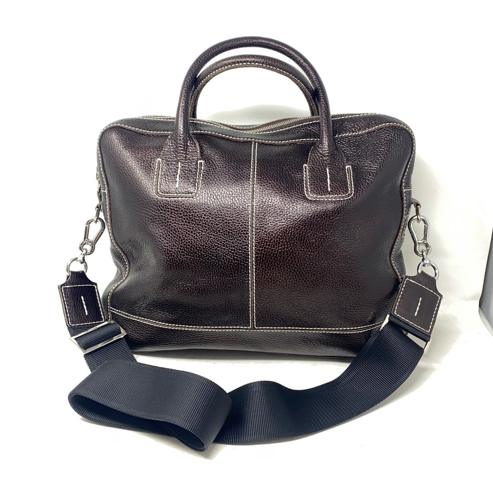 Bosca Brown Leather Briefcase with Adjustable Strap and Metal Hardware.